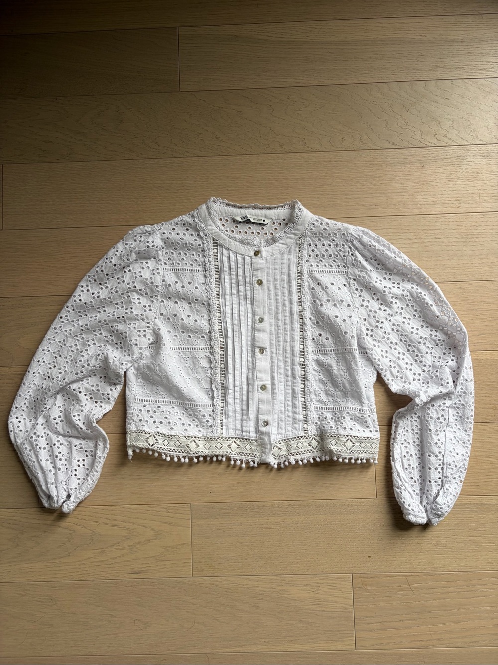 Zara White Eyelet Crochet Button-Front Top